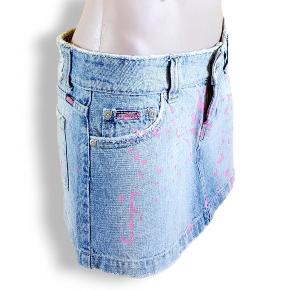 Y2k blue denim mini/ short skirt with pink splash paint print BUBBLEGUM AU 8-10 - Picture 4 of 6